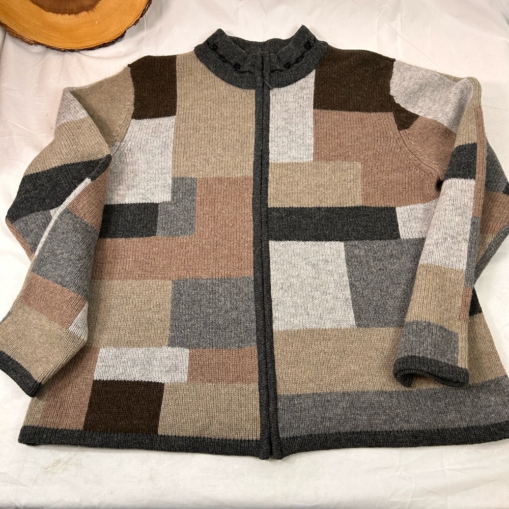 Vintage Talbots 100% Wool Colorblock Full Zip Cardigan Sweater Women’s Size XL